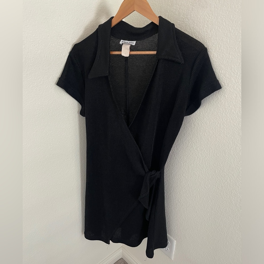 Vintage 90s black v-neck beach coverup tie mini dress size L minimalist